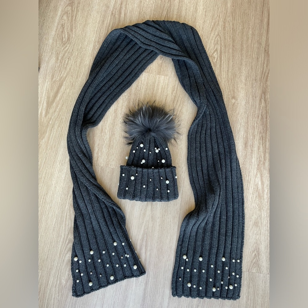 Gray knitted wool beanie and scarf ensemble